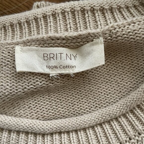 BRIT.NY Womens Sweater Sz Medium Large Tan White Stripe Cotton Roll Neck Preppy - Picture 7 of 7